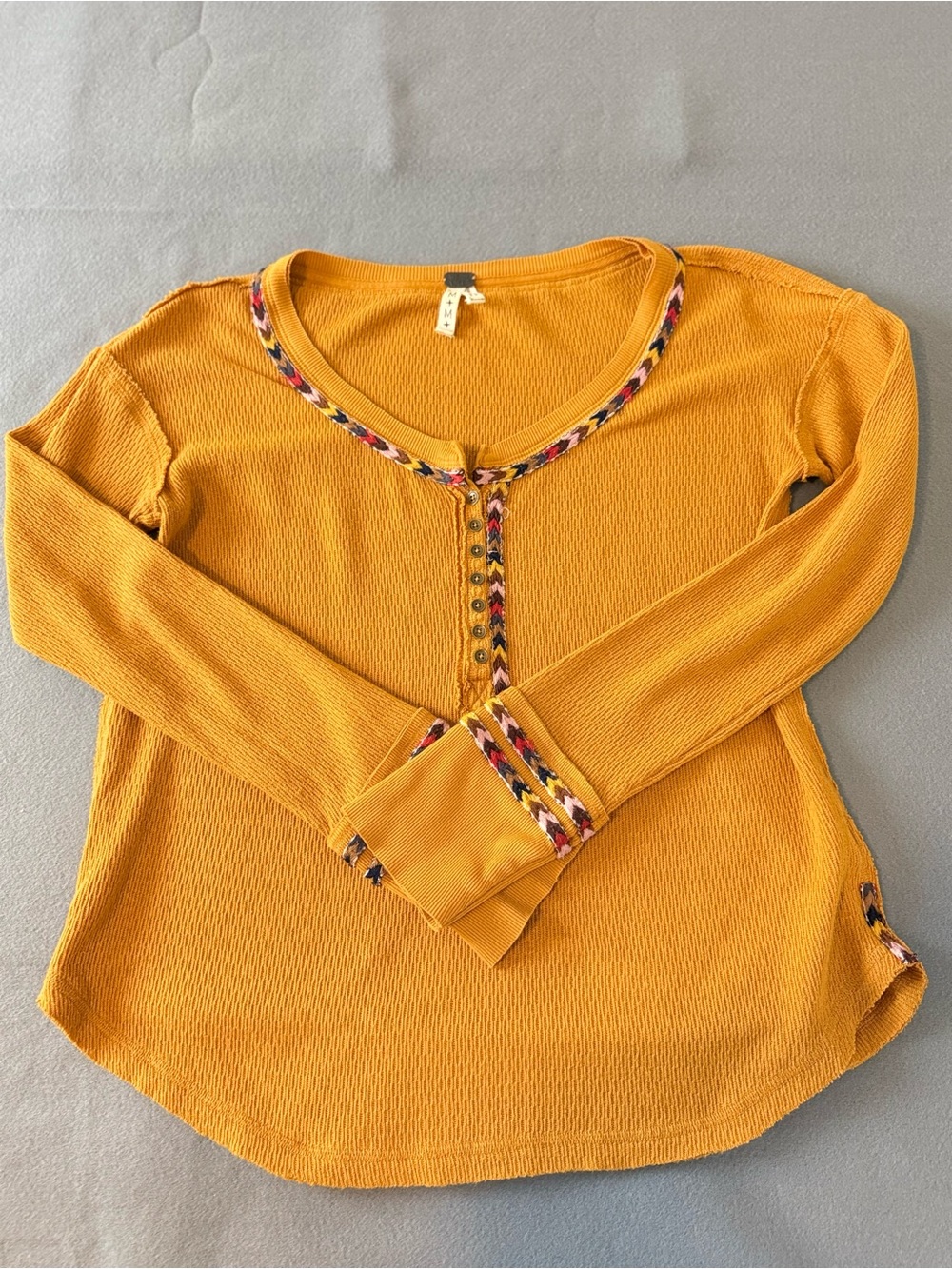Free People We The Free Mustard Chevron Embroidered Henley Thermal Top M